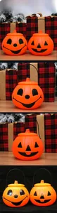 Close-up of orange Halloween pumpkin lanterns with black handles and various Jack-o'-lantern faces