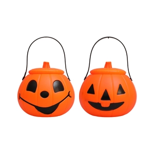 Halloween pumpkin candy bucket set with black handles and various spooky face expressions