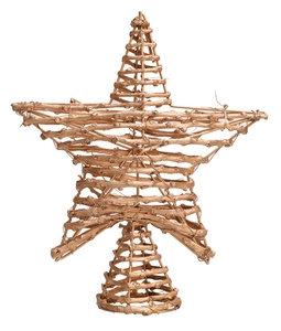 Detail der geflochtenen Weihnachtsbaumspitze als Stern mit goldenem Finish und Halter