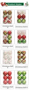 Close-up of 6cm red, white, and green painted Christmas ball ornaments in various patterns