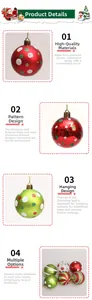 Detailed view of hand-painted red, white, and green 6cm Christmas ball ornaments with hooks