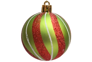 Close-up of 6cm red and white striped Christmas ball with green matte base and gold cap
