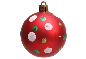 Detail of red matte Christmas ball ornament with sparkling multi-color glitter polka dots