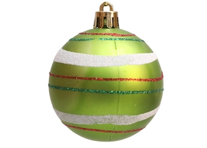 Detail of matte green Christmas ball featuring white glitter stripes and gold hanging loop