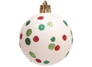 Detail of 6cm white Christmas ball ornament with red and green glittery polka dots