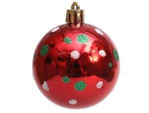 Detail of a 6cm red Christmas ball with festive green and white glitter polka dots