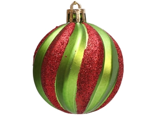 Detail view of 6cm red and green spiral Christmas ball with glitter and metallic finish