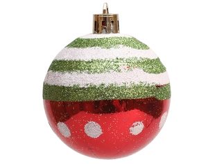 Detailed view of a 6cm red and green hand-painted Christmas ball ornament with white dots