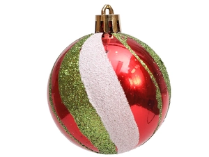 Detail view of 6cm red Christmas ball with diagonal green and white glitter stripes