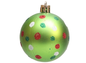 Detail of a 6cm green Christmas ball ornament with red and white glitter polka dots
