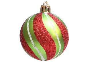 Close-up of 6cm Christmas ball with red and green glitter spiral stripes and gold loop