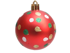 Detail of a matte red 6cm Christmas ball ornament with sparkling colorful glitter dots