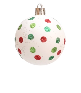 Detail view of 6cm white Christmas ball with red and green glitter dots and silver hanger