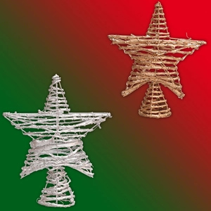 Handgefertigte Rattan-Christbaumspitze als Stern in Gold und Silber mit Spiralfuß