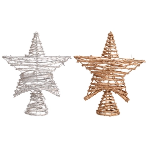 Handgeflochtene Rattan-Sterne als Weihnachtsbaumspitze in glänzendem Silber und Gold