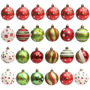 Set of 24 red, white, and green 6cm Christmas balls with glitter and striped patterns