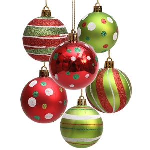 6cm red, white and green hand-painted Christmas balls with glitter stripes and polka dots