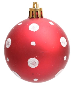 Primer plano detallado de una bola de Navidad roja mate de 6cm con puntos blancos brillantes