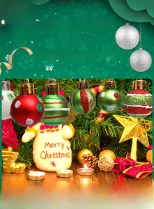 Detail of colorful painted Christmas balls with stripes and dots on festive pine branch