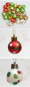 Detail of 3cm Christmas ornaments with colorful glitter dots and striped patterns