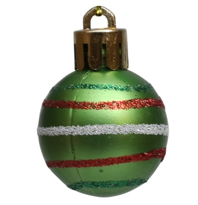 Detail of green Christmas ball with red and white glitter stripes and golden cap