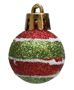 Detail of red green and white glitter striped Christmas ball with golden hanging cap