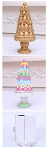 Detailed view of floral resin cone ornaments in gold and hand-painted finishes, height 17cm