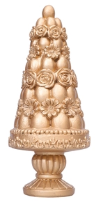 Golden resin conical tree statue with intricate floral rose carvings and a classic base