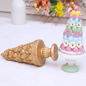 Golden and pastel floral cone trees with resin roses on vintage stands for home decor