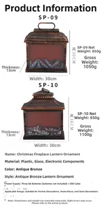 Detailed side-by-side dimensions of vintage bronze electric fireplace lantern ornaments