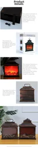 Detail view of LED fireplace lantern with USB port, battery compartment and packaging