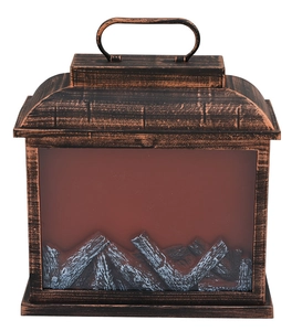 Detailed view of vintage fireplace lantern with realistic wood fire LED light effect