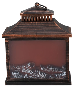 Close-up of vintage bronze fireplace lamp with realistic simulated charcoal flame effect