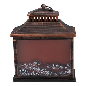 Retro bronze fireplace lantern with realistic flickering flame effect and hanging ring