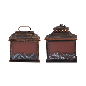 Vintage style LED fireplace lanterns with artificial charcoal and bronze finish for Christmas