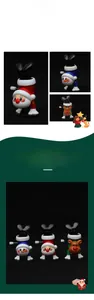 Detail view of wind-up Christmas toys featuring Santa, Snowman and Reindeer characters