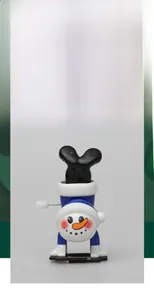 Detail of wind-up snowman toy with blue hat, manual rotating knob and white plastic body