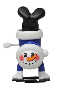 Detail view of wind-up snowman toy with blue barrel body and cute mechanical design