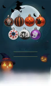 Detail of Halloween 6cm ornaments featuring pumpkins, skulls, and ghosts pattern on balls