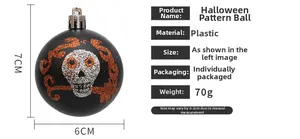 Detailed view of Halloween skull ornaments with glitter finish and size specifications