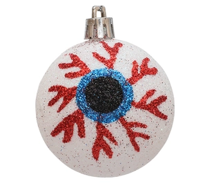 Close-up of a 6cm Halloween eyeball hanging ornament with blue iris and red glitter veins