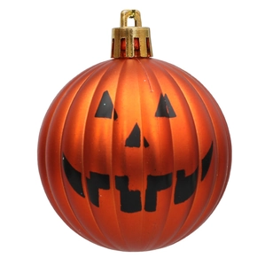 Close-up of Halloween pumpkin hanging ball featuring a classic black Jack-o'-lantern face
