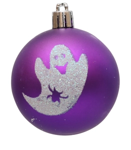 Detail of purple Halloween ornament ball with glitter ghost and black spider pattern