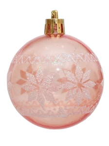 Primer plano de bola de Navidad PET rosa con copos de nieve brillantes y gancho dorado