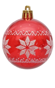 Detalle de bola de Navidad PET roja con copos de nieve brillantes y gancho dorado