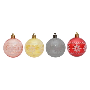 Set de 4 bolas de Navidad PET con copos de nieve brillantes y ganchos dorados