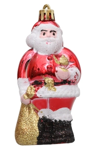 Detalle de adorno de Papá Noel para árbol con textura de nieve y pájaro dorado