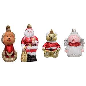 Set de 4 adornos navideños con Papá Noel, perro, oso y ángel con detalles de purpurina dorada