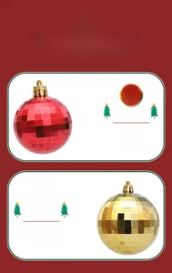 Macro detail of disco-style mirror Christmas tree ornaments in red and gold finishes