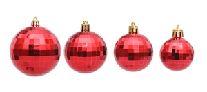 Detailed view of four red disco ball Christmas ornaments in various sizes with golden loops
